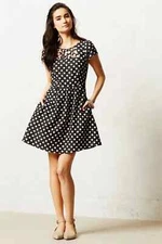 Anthropologie Maeve Nikola Lattice Dress Black Polka Dot Size 0 with Pockets