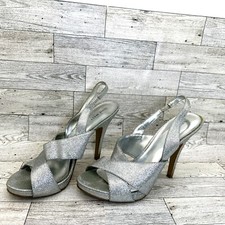 Nine West Women's Silver Glitter Open Toe Ankle Strap Formal Heel Shoe Size 7.5M