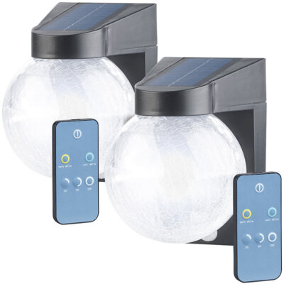Luminea 2er Pack Solar-LED-Wandleuchte im Crackle-Glas-Design, PIR-Sensor,