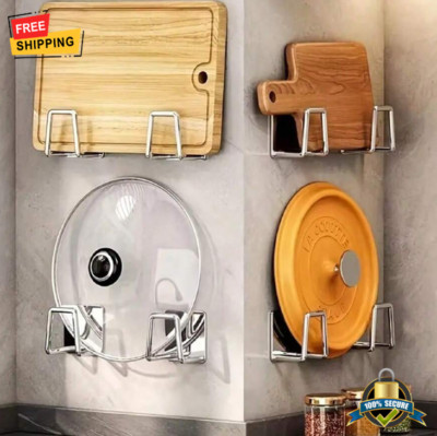 2pcs Stainless Steel Wall-Mounted Storage Hooks for Pot Lid & Cutting Board