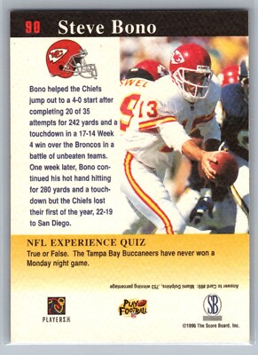 1996 SCORE EXPERIENCE Card 90 Steve Bono Kansas City Chiefs