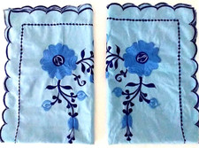 Blue Embroidered Floral Scalloped Euro Pillow Shams Set 28" W X 19" H Rare
