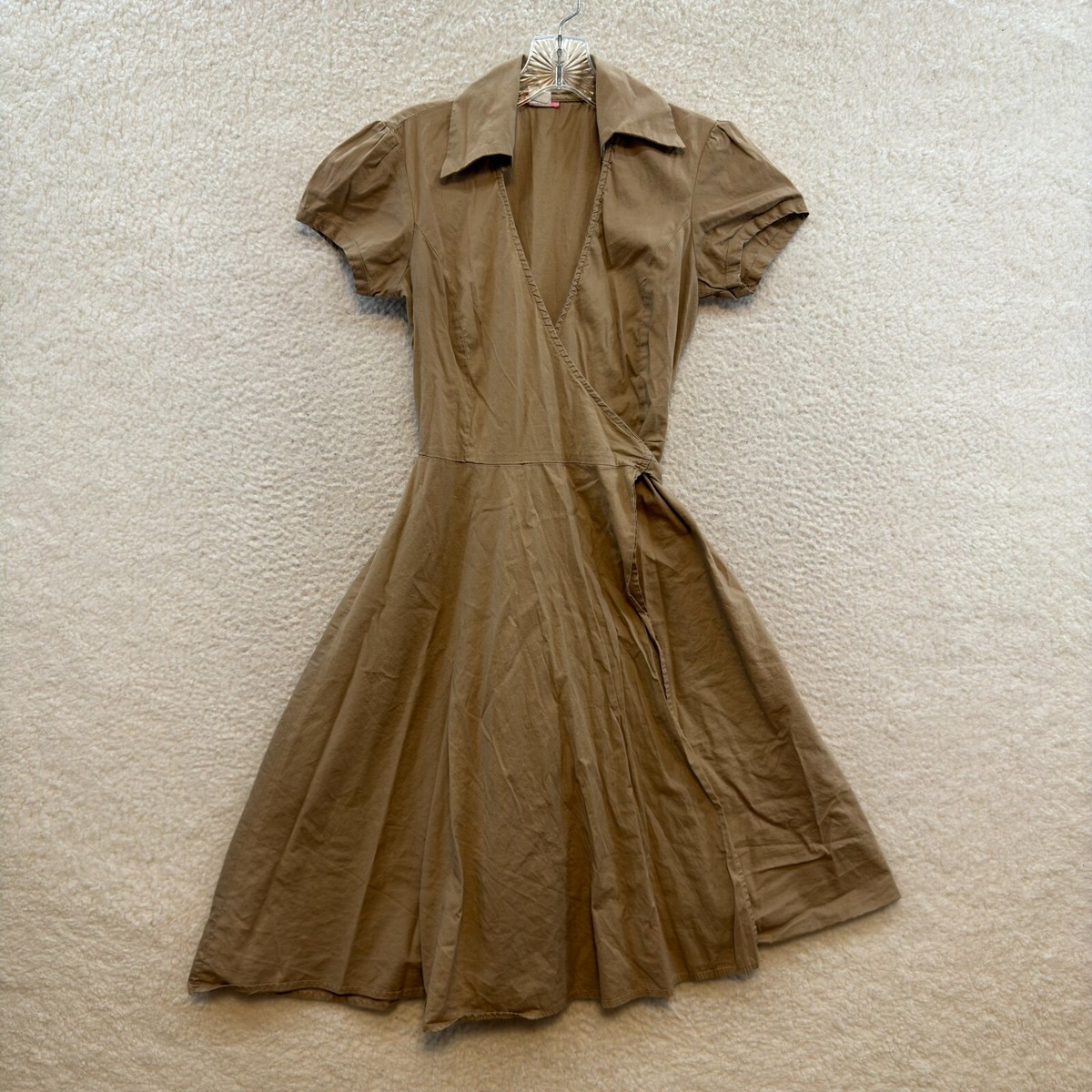 Y2K Vintage Midi Dress Small Tan Beige Wrap 60s Mod Cap Sleeve A-Line Collared