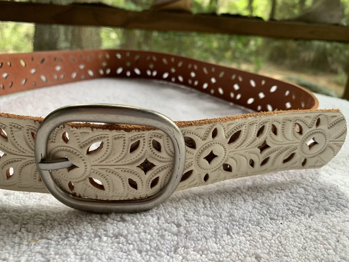 Fossil Leather Belt Tooled SZ Med Cream Silver Buckle Laser Cut