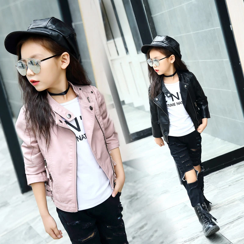 Kids Boys Girls Faux Leather Jacket Biker Outerwear Coats Trench Coat Outerwear - Image 2 of 4