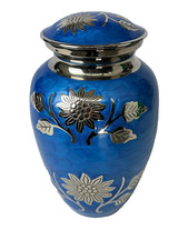 Solid Brass Blue with Silver Flower Urns - Handcrafted Memorial Urn for Ashes