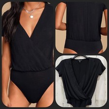LULUS Marren Black Short Sleeve Surplice Bodysuit Size SMALL NWOT 