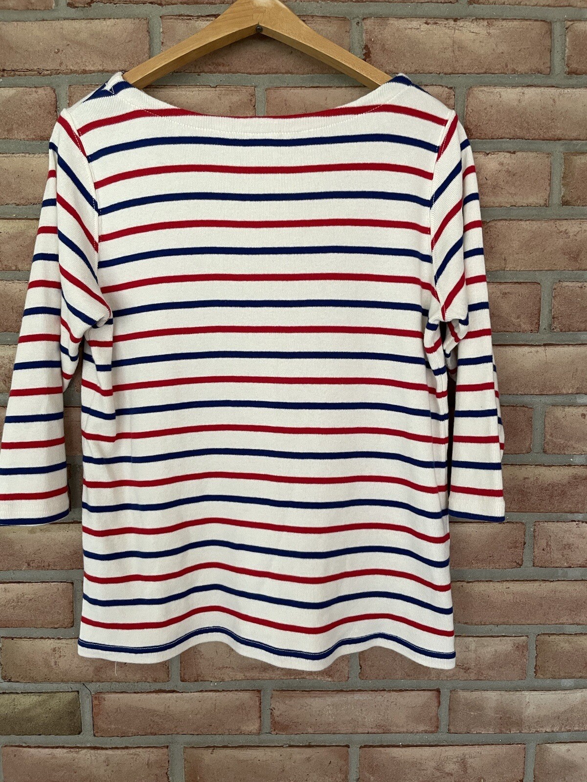 LL Bean women's Off White,Red,Blue striped 3/4 sleeve sweater Size