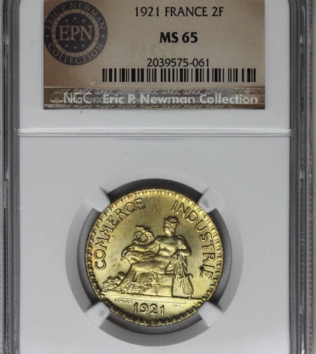 1921 France 2 Francs NGC MS65 EPN Eric P Newman Collection w/ original envelope