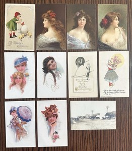Antique Collectible Eleven (11) Postcard Lot. Artist Signed, RPPC Street Scene