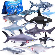 11Pcs Shark Figures with Booklet, Realistic Sea Creatures Bath Toys Whale Sha...