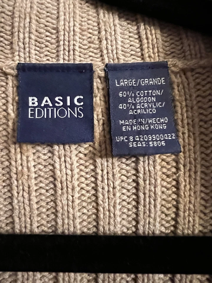 Vtg Basic Editions Cardigan Sweater Mens Tan Knit Grandpa Dad Core Kurt Sz L - Image 4 of 4