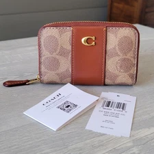 Coach Card Case Essential Small Zip Around Signature Canvas Leather Tan Rust NWT