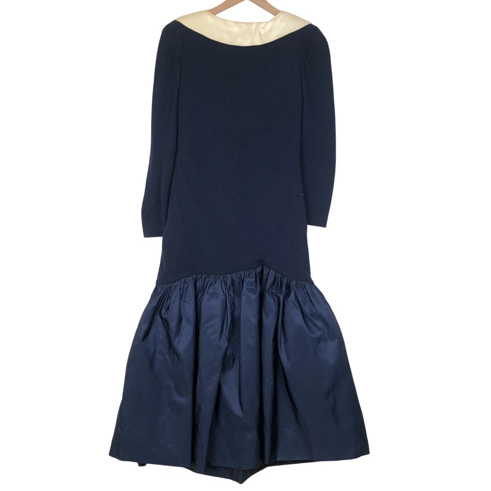 Vestido midi de lana azul marino Victor Costa de colección años 80 talla 6 dorado botón cintura caída tul Foto 2 de 4