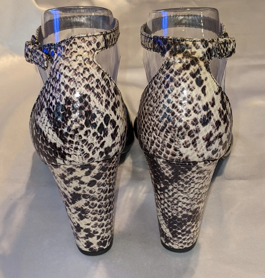 Sandalias de tacón BANDOLINO Isbieal para mujer punta abierta correa al tobillo negras blancas serpiente 9M Foto 4 de 4