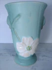 Weller Matte Green Arts and Crafts Pottery Vase Handles Dogwood Flower 1930 Vtg