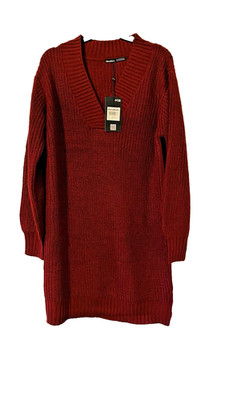 Grobstrickkleid tiefrot fadenscheinig V-Ausschnitt neu mit Etikett UK8