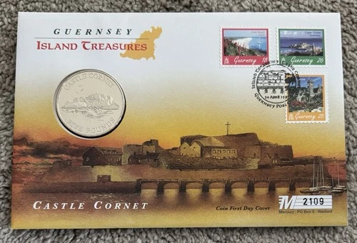 1997 Guernsey Castle Cornet £5 Coin Guernsey Island Treasures FDC 3 Stamps 2109