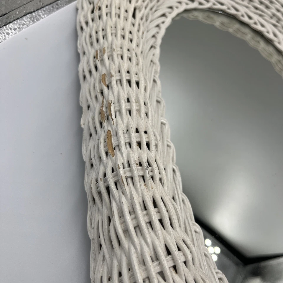 Vtg Wicker Hanging Wall Mirror With Shelf White Nautical Coastal Cottage 24"x12" - Image 3 of 4