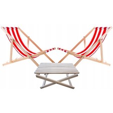 2x transats et table basse de jardin, ensemble Balu blanc, bois, pliable