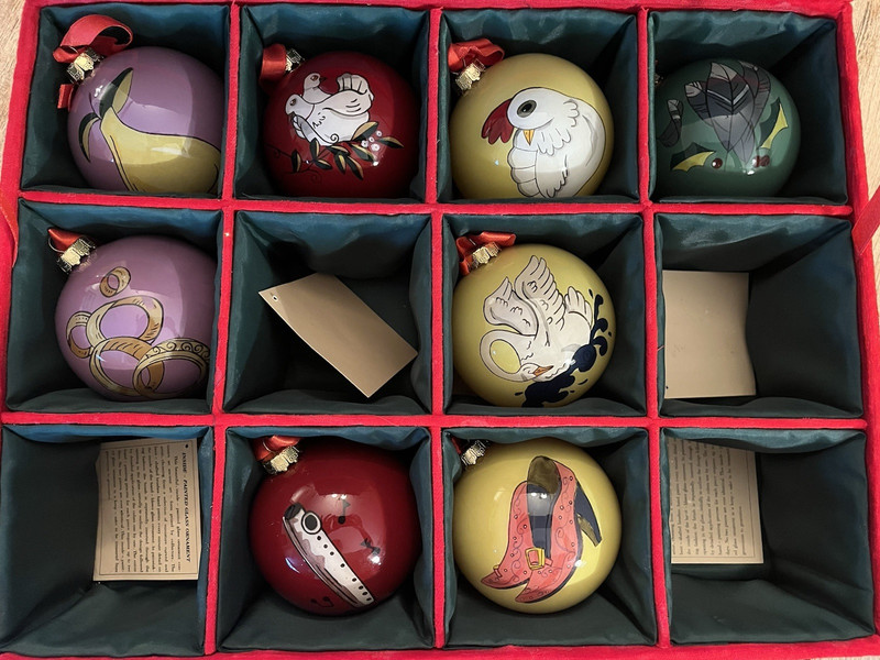 Inside Painted Glass Ornaments 12 Days of Christmas in Storage Box READ