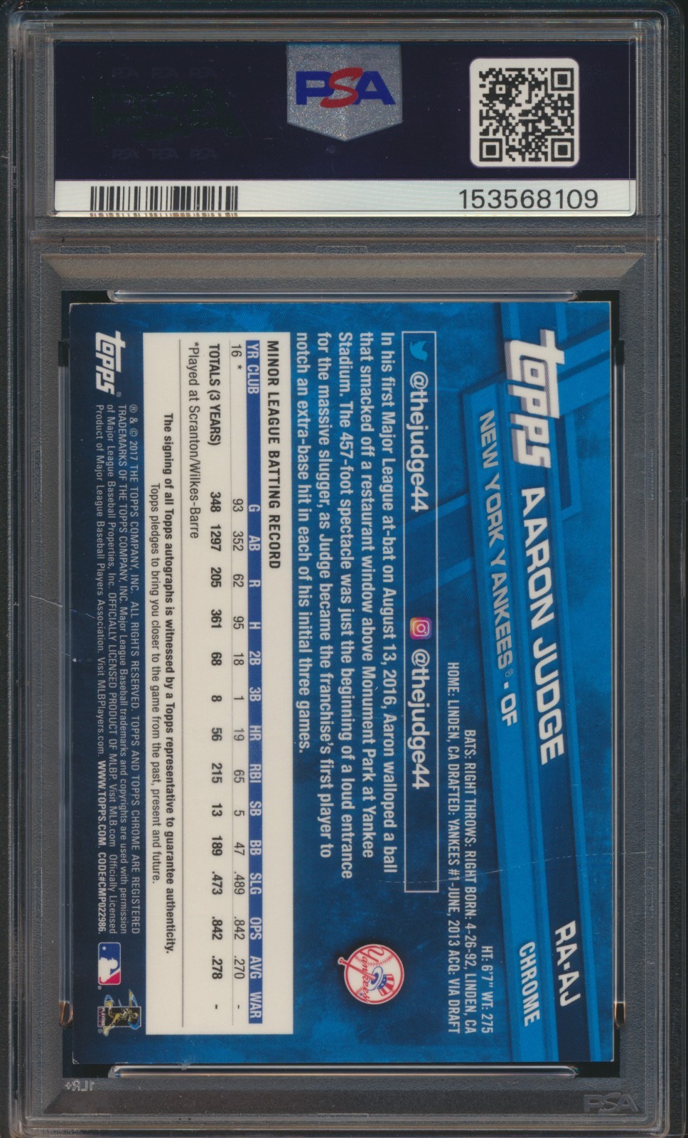 2017 Topps Chrome Aaron Judge RC Rookie Auto PSA/DNA 10 view 2