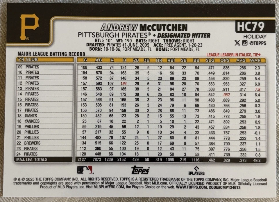 2025 Topps Holiday #HC-79 Andrew McCutchen cromo verde moteado refractor/99 Foto 2 de 3