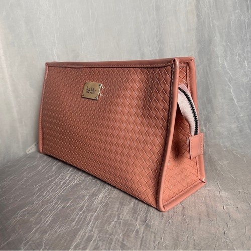 Nicole Miller Large Travel Toiletry Makeup Bag Pink Basket Weave Vegan Leather - Picture 3 of 15