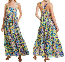 J Crew Floral Tiered Maxi Dress 6 Taffeta Cross Strap Blue Yellow Whimsy Resort