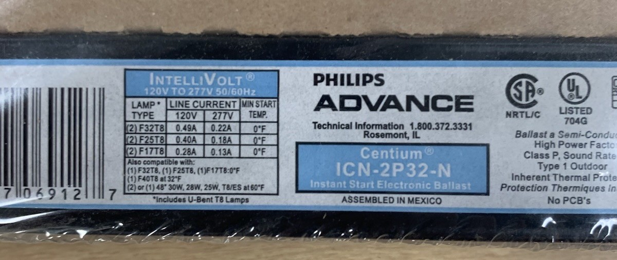 Philips Advance ICN-2P32-N Instant Start Electronic Ballast, 120-277V, 50/60Hz