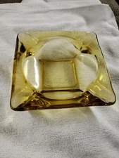 Vintage Mid Century Square Yellow Amber Ashtray Glass Mid Century 6 inch