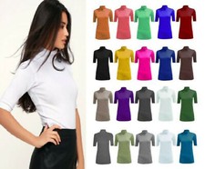 Women Polo Roll Turtle Neck Short Sleeve Plain Stretch Ladies Jumper Top UK 8-26