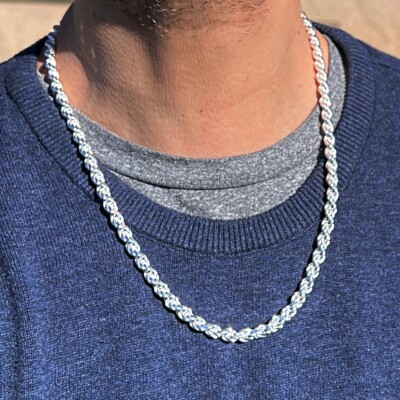 Men's Real Solid 925 Sterling Silver Italy Rope Chain Necklace
