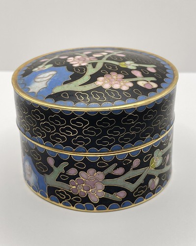 Antique Gilt Cloisonne Covered Trinket Pill Box Black Cherry Blossoms Small - Picture 2 of 18
