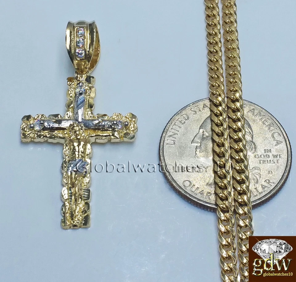 Pingente Berloque Cruz Jesus Ouro Amarelo 10k 24" Miami Corrente Cubana CONJUNTO Real - Imagem 3 de 4