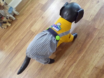  dog pajamas,jumpsuit,''All aboard'',train,denim stripes,Small (read size details)