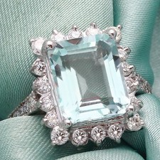 9.20 Carats NATURAL AQUAMARINE and DIAMOND 14K Solid White Gold Ring