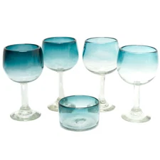 4 Goblets Handmade in Mexico Blue Fade All Purpose 12 Oz Glasses Set w Nut Dish