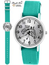 Armbanduhr Mädchen Pferd Pferdemotiv Kinderuhr Nylon Armband türkis Lernuhr Neu