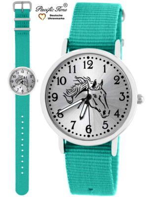 Armbanduhr Mädchen Pferd Pferdemotiv Kinderuhr Nylon Armband türkis Lernuhr  Neu