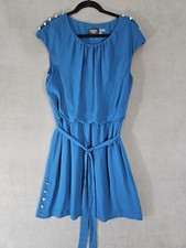 Guess Women Cocktail Mini Dress Aqua Blue Size 14 Gold Buttons Belted Sleeveless
