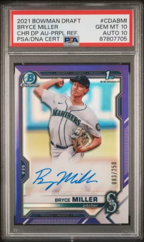 2021 Bowman Chrome Purple Refractor Bryce Miller RC /250 PSA/DNA AUTO 10 POP 4