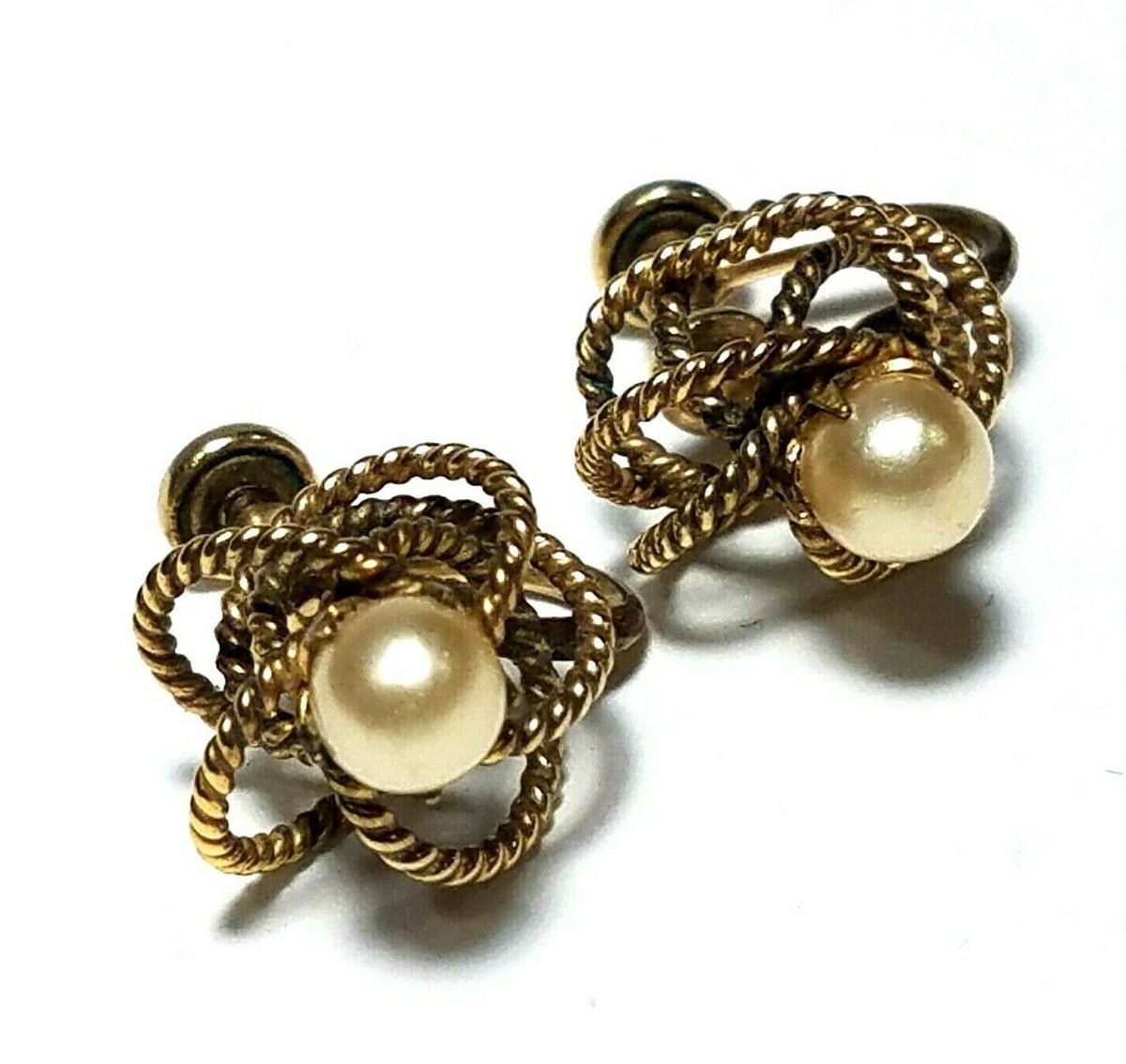 H.G. 12k Gold Filled Cultured Pearl Earrings Twisted Knot Screw 
