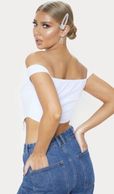 PrettyLittleThing White Corset Mesh Bardot Top Women Size 10 (M)