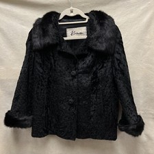 Vintage Bramson Fur Coat Womens S/M Black Curly Persian Lamb Mink Cropped Jacket
