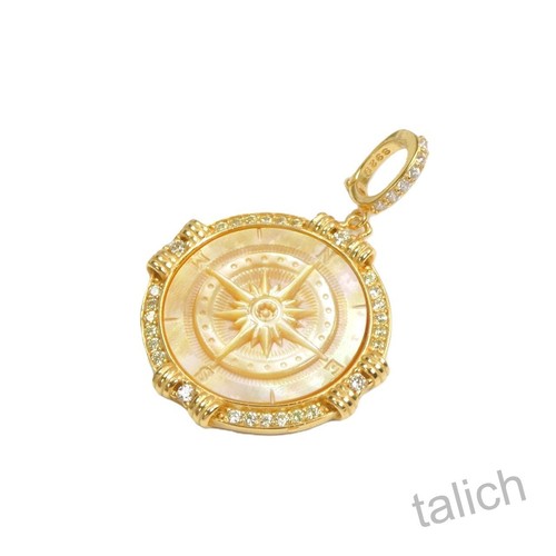 18K Gold Over Sterling Silver CZ Pave Mother of Pearl Compass Cameo Pendant Chic - Picture 6 of 9