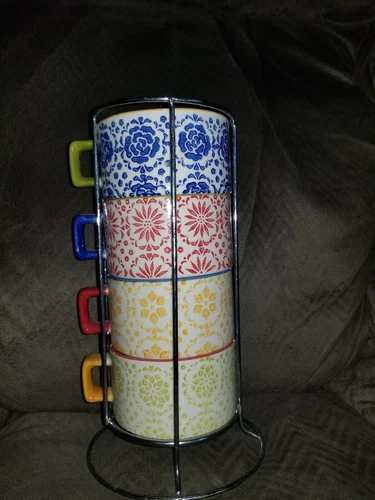 Pier 1 Stackable 4 Coffee Cups / Mugs (8 oz) w/ Metal Rack Colorful Stoneware 21