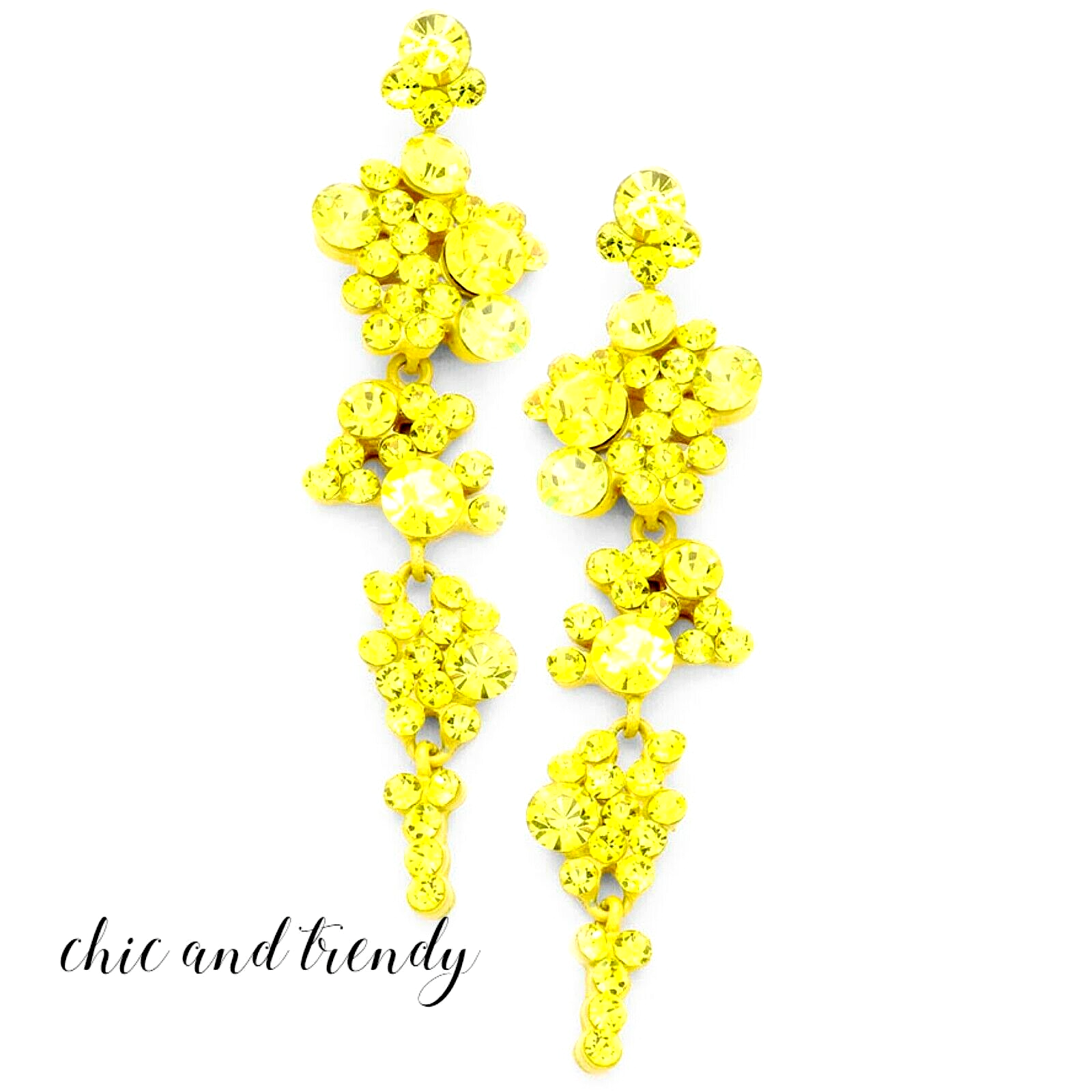 EXQUISITE YELLOW GLASS CHANDELIER CRYSTAL EARRINGS FORMAL PROM CHUNKY  JEWELRY