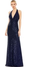 IEENAMac Duggal Gown Dress Size 8 Blue Sequined Halter Strap Plunge V Neck 11277