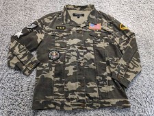 Ashley Mason Jacket Women Large Green Camo Military Patch Denim Trucker Biker